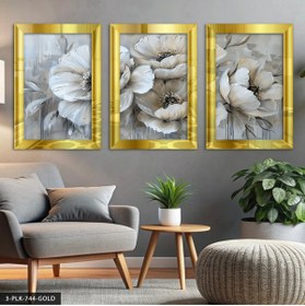 Resim Burshe Dokulu Görünüm Beyaz Çiçek 3 Parça Gold Pleksi Aynalı Tablo 