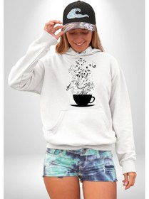 Resim Kahve Müzik Nota Kadın Erkek Beyaz Kapüşonlu Sweatshirt Hoodie Beyaz 