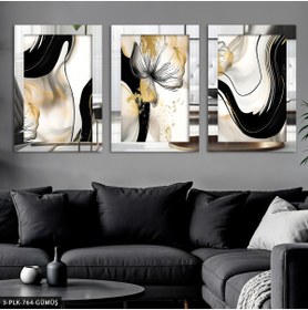 Resim Burshe Gold Detaylı Çiçek ve Desenler 3 Parça Gümüş Pleksi Aynalı Tablo 