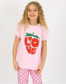 Resim Kız Çocuk Kısa Kollu %100 Pamuklu Pijama Takımı Cute Love Toz Pembe 