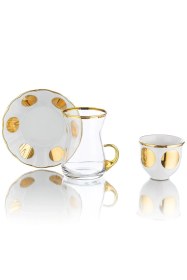 Resim 18 Parça 6 Kişilik Çay Ve Mırra Takımı - Cam Bardaklı Porselen Tabaklı Komple Set Şeffaf 