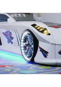 Resim Arabalı Yatak, Jaguar Koltuklu Full Ledli Arabalı Yatak - Beyaz 1 Adet Comfort Yatak 