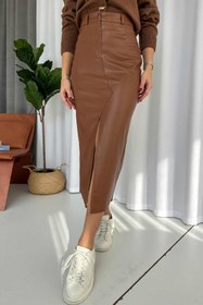 Resim Mine Tan Butik Şardonlu İthal Kalem Etek - Kahverengi 