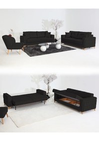 Resim Nola Koltuk Takımı 3+3+1+1 & Bazalı Yataklı Koltuk & Kanepe - Keten Siyah 