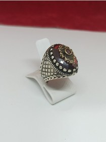Resim Firuze Gümüş Kırmızı Granat Taşlı Gümüş Erkek Yüzük F1600243 