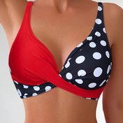 Resim Kırmızı ve siyah polka dot katlanan bikini üstü, 1 adet kadın V-yaka, yüksek esneklikli kumaş, kolsuz çapraz askılı detay, rahat yüzme kıyafeti 