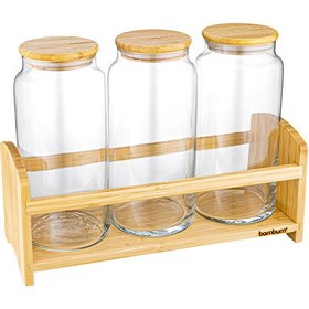 Resim Bambum Bench Standlı 4 Parça Büyük Cam Baharat Takımı 
