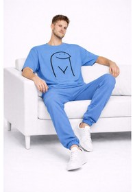 Resim Sevgili Kombini Çift Tişört Oversize Unisex Matching Couple Minim Mavi 