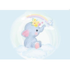 Resim Kaymaz Tabanlı Ince Yıkanabilir Çocuk Halısı Fil Bulut Çok Renkli 