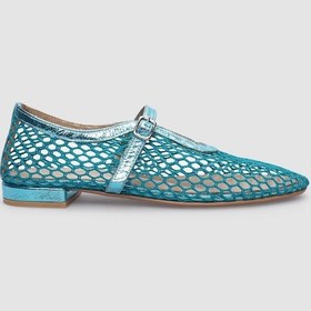 Resim %100 Hakiki Deri Mavi Fileli Toka Detaylı Kadın Babet-mavi Mavi 