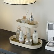 Resim 1 Adet İskandinav Tarzı Çift Katlı Demir Kozmetik Organizatör, Minimalist Cilt Bakımı Sergileme Rafı - Siyah ve Beyaz Seçenekleri, Cilt Bakım Ürünleri/Kojineler/Takılar İçin Uygun, Yatak Odası Komodini veya Oturma Odası Sehpa Masaları için Tasarruf Sağlayan ve Ev Dekorunu Geliştiren 
