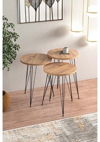 Resim Çam Siyah Metal Ayaklı Zigon Sehpa 