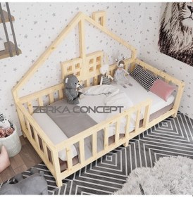 Resim Tesla İthal Ladin Doğal Ahşap Çatılı Montessori Karyola 120*200 c 