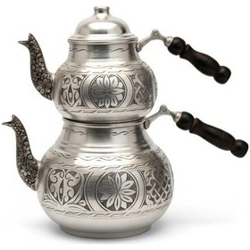 Resim İşlemeli Bakır Çaydanlık Takımı Gümüş 