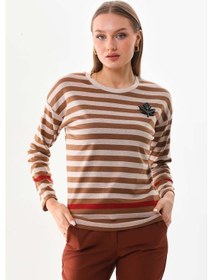 Resim Sistas Kadın Çizgili İşleme Detaylı Uzun Kol Bluz 23615 Camel 