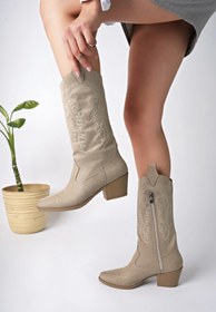 Resim bakacstore Bej Süet Nakışlı Yeni Sezon Kadın Kovboy Çizme 