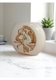 Resim Seramik El Yapımı Yatay Vazo 18x24cm Beyaz 