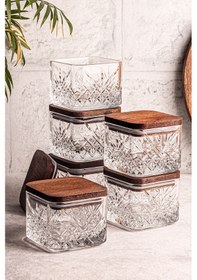 Resim Snippy Milla Kare 6'lı Ahşap Vakumlu Kare Kapaklı Cam Kahvaltılık Ahşap - Şeffaf 