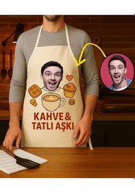 Resim Kişiye Özel Karikatür Fotoğraflı Mutfak Önlüğü Kahve Tatlı Aşkı Krem 