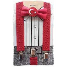 Resim 1-9 Yaş Ay Yıldız Papyon + Pantolon Askısı - 23 Nisan Erkek Set Çocuk Okul Papyon Seti 29 Ekim Set Kırmızı 