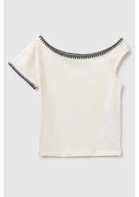 Resim United Colors Of Benetton Kız Çocuk Asimetrik Yaka İşleme Detaylı T-shirt Ekru 6-14 Yaş-2839 
