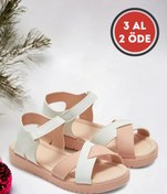 Resim Ponchiq Çapraz Beyaz Pembe Kız Çocuk Sandalet 