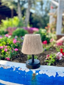 Resim Hasır Jüt Masa Üstü Led Kablosuz Pilli Abajur Alt Siyah-üst Hasır Saçaksız 