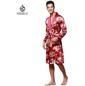 Resim İpek Buz İpek Erkek Pijamaları Uzun Kollu Bornoz Dışarıda Giyilebilir Kırmızı 