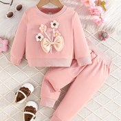 Resim 2 adet Kızlar Yay Desenli Uzun Kollu Sweatshirt & Uzun Pantolon, Dış Giyim 