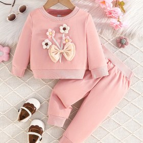 Resim 2 adet Kızlar Yay Desenli Uzun Kollu Sweatshirt & Uzun Pantolon, Dış Giyim 