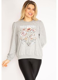 Resim Kadın Büyük Beden Gri 3 İplik Kalın Ön Baskılı Omuz Büzgülü Ribanalı Sweatshirt 65n37105-gri Gri 