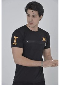 Resim Unisex Göğüs Fermuarlı Baskılı T-shirt - Siyah M Siyah 