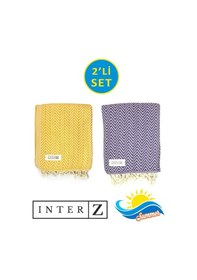 Resim 2'li Set Peştemal Plaj Havlusu , %100 Pamuk , Xxl 100x180cm, , Sarı Mor 