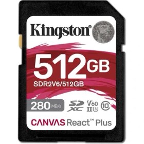 Resim Kingston SDR2V6-512GB Canvas React Plus SDXC UHS-II 280R-150W U3 V60 for Full HD-4K SD Hafıza Kartı 