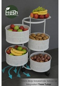 Resim 4 Katlı Tekerlekli Tepsili Kule Sebzelik Açılır Metal Patates Soğan Meyvelik Sepetli Raf Beyaz Beyaz 