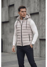 Resim Yelly Slim Fit Fermuarlı Cep Detaylı Erkek Şişme Yelek - Çıkarılabilir Kapüşonlu & Astarlı Gri 
