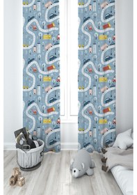Resim Mekta Home Bebek Ve Çocuk Odası Yol Ve Arabalı Mavi 2 Kanat Fon Perde 