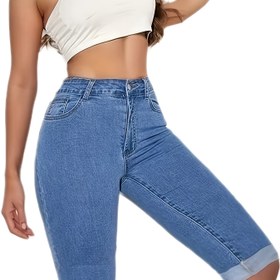 Resim Kadınlar için Yüksek Bel Esnek kot Bermuda Şortları, Pamuk Karışımlı, Dar Kesim, Düz Renk, Düğme Detaylı, Yıkanmış Detaylı, Bahar/Yaz Spor Capri Şortları 