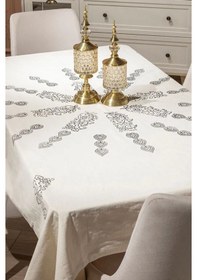 Resim El Baskılı Doğal Pamuk Keten Dikdörtgen Masa Örtüsü 160x200 Cm 