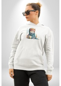 Resim Türk Kahvesi Kedi Kadın Erkek Beyaz Kapüşonlu Sweatshirt Hoodie Beyaz 