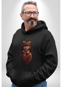 Resim Çikolata Kız Kalbi Kadın Erkek Siyah Kapüşonlu Sweatshirt Hoodie Siyah 