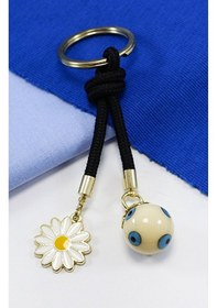 Resim Siyah Cam Nazar Boncuklu Papatyalı Anahtarlık, Hediyelik Cam Bonc 