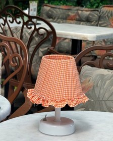 Resim Turuncu Pötikare Desen Kumaş Beyaz Ayaklı Kablosuz Gece Masa Lambası Abajur 