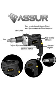 Resim ASSUR 710W 90 Nm Darbeli Alçıpan Vida Tabancası Profesyonel Siyah Vidalama Makinesi 