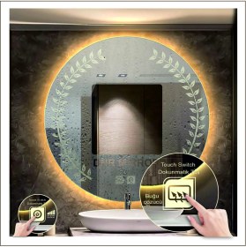 Resim Dnr-MirrorDnr-Mirror 80 cm Günışığı Ledli Tasarım Kumlamalı Dokunmatik Tuşlu Buğu Önleyicili Banyo Aynası Makyaj Aynası 