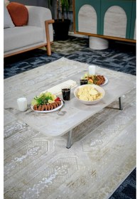 Resim Ahşap Desenli Metal Katlanır Ayaklı Kamp Bahçe Ev İçin Dikdörtgen Yer Sofrası Royal 