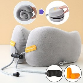 Resim Polyüretan Köpük Seyahat Boyun Yastığı - Ayarlanabilir Kayışlı Ergonomik U-Şekilli Kontur Tasarım & 3 Kabarık Kulak Tıkaçları, Orta-Yumuşak Gri Flanel Kılıf ile Uçak, Araba, Ofis ve Ev Kullanımı için, Uçakta Uyku Konforu İçin Seyahat Boyun Yastığı, Konturlu Rahatlık, Dayanıklı Spandeks Kılıf 