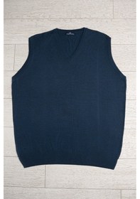 Resim V Yaka Battal Büyük Boy Yünlü Kolsuz Triko Süveter İndigo 