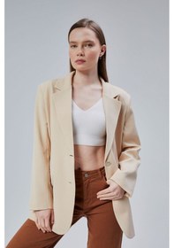 Resim Kadın Oversize Düz Kesim Astarlı Dokuma Blazer Ceket Vizon 