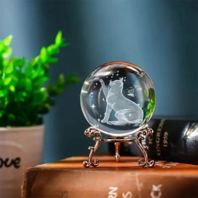 Resim Keyfim Shop Dekoratif Metal Ayaklı 3D Cam Küre 6 cm Gri Renkli Kedi Tasarımlı Özel Parça 